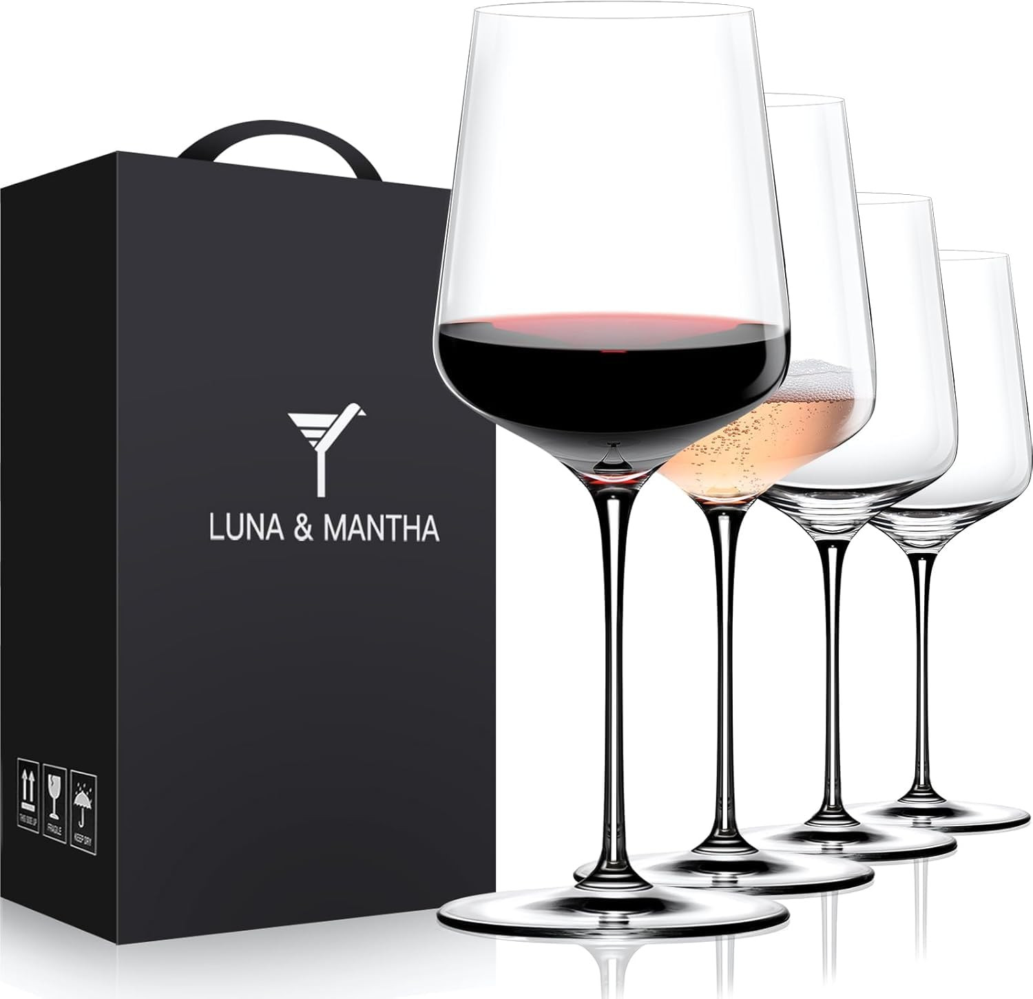 LUNA & MANTHA Wine Glasses Set of 4, 15 oz Hand Blown Crystal Red White Wine Glasses with Stem, I... | Amazon (US)