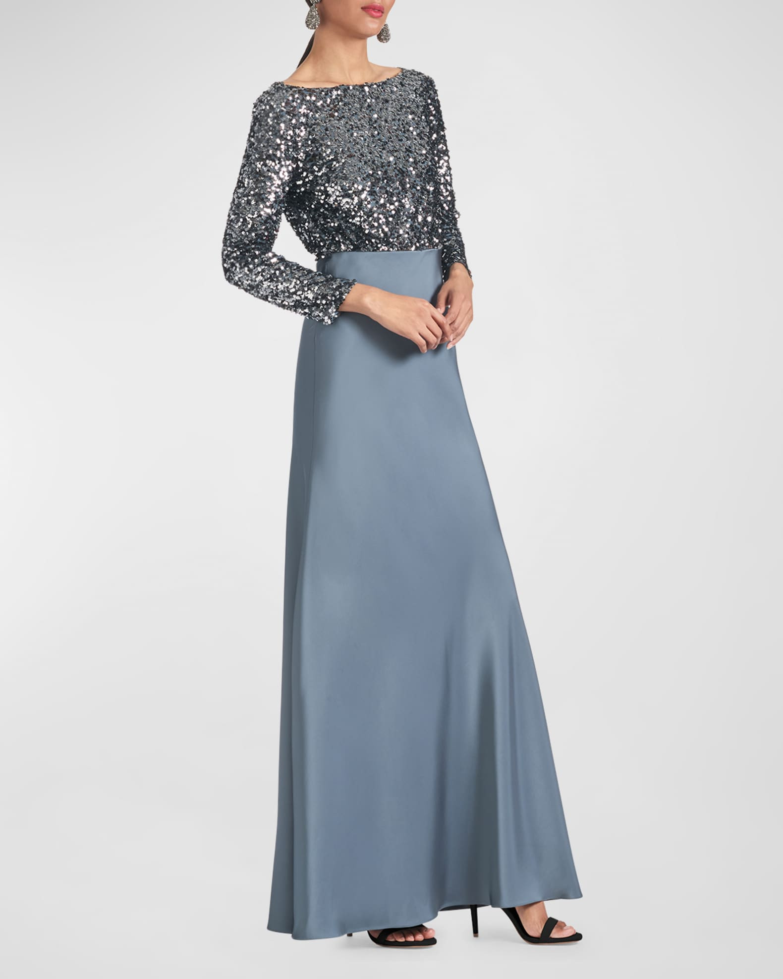 Colette Long-Sleeve Sequin Satin A-Line Gown | Neiman Marcus
