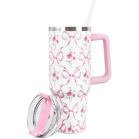 Pink Bow Floral Tumbler with Straw and Lid 40oz Watercolor Bow Flower Stainless Steel Cup with Handle Pink Travel Coffee Tumbler Cup for Home Office | Walmart (US)