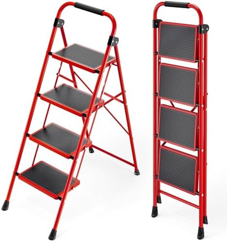 KINGRACK Step Ladder, 4 Step Folding Ladder with Handrails | Heavy Duty Steel Stool Sturdy Collap... | Amazon (US)