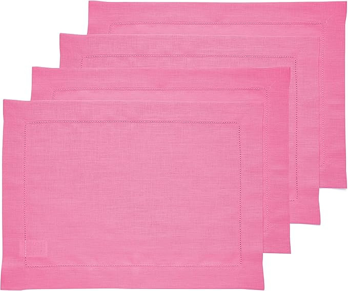 Solino Home Linen Placemats – Flamingo Pink Set of 4, 14 x 19 Inch, Classic Hemstitch Linen Pla... | Amazon (US)