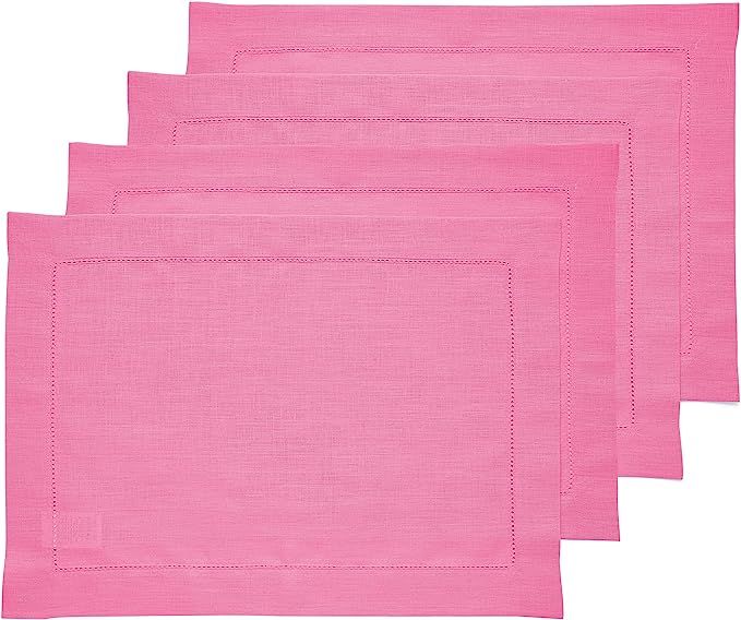 Solino Home Linen Placemats – Flamingo Pink Set of 4, 14 x 19 Inch, Classic Hemstitch Linen Pla... | Amazon (US)
