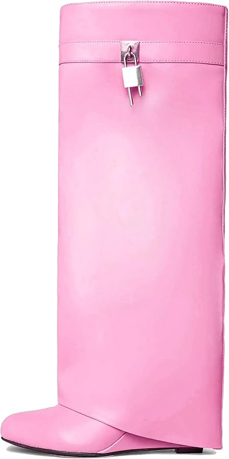 keleimusi Fold Over Wedge Boots Heeled PadLock Pant Knee High Shoes Tall/Short Booties | Amazon (US)