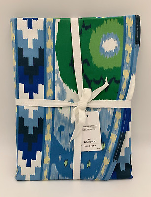 Williams Sonoma Schumacher Ikat Tablecloth Blue Green 70 In Round #9837B | eBay US