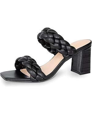 Athlefit Women's Braided Heeled Sandals Strappy Square Open Toe Heels Backless Mules Slip On Bloc... | Amazon (US)