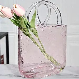 Hewego Glass Purse Vases for Flowers,Hand Blown Pink Vase with Bubbles in It,Pink Flower Vases wi... | Amazon (US)