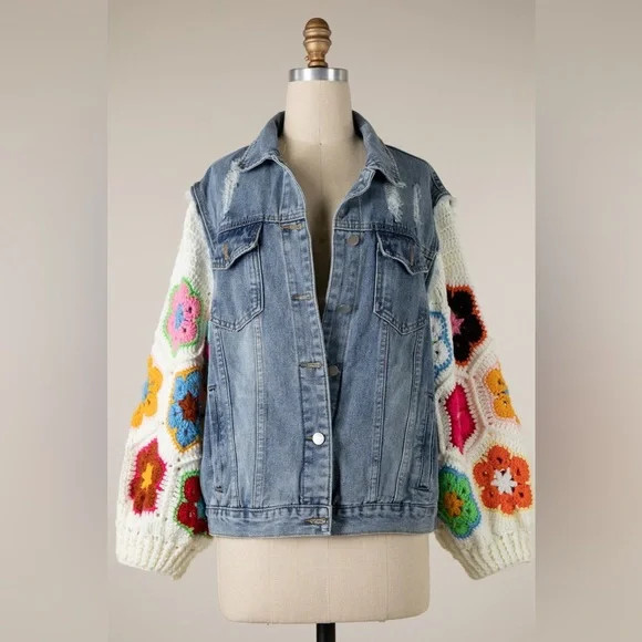 84B. Denim Floral Crochet Sleeve Jacket | Poshmark