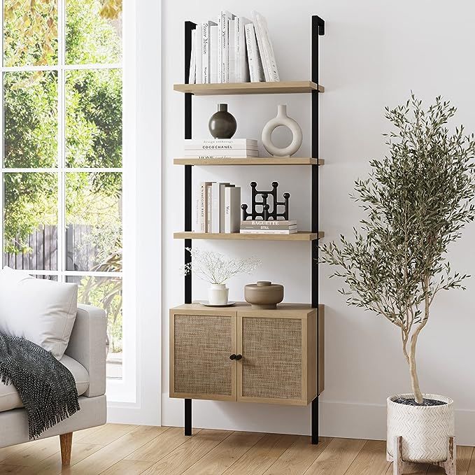 Nathan James Theo Ladder Open Bookshelf with Rattan Drawers and Matte Steel Frame, Light Oak/Blac... | Amazon (US)