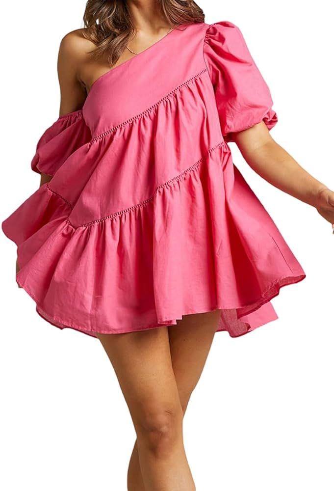 Sexy Mini Dress for Women Ruffle One Shoulder Outfits Short Puff Sleeve Cocktail Bubble Sundress ... | Amazon (US)