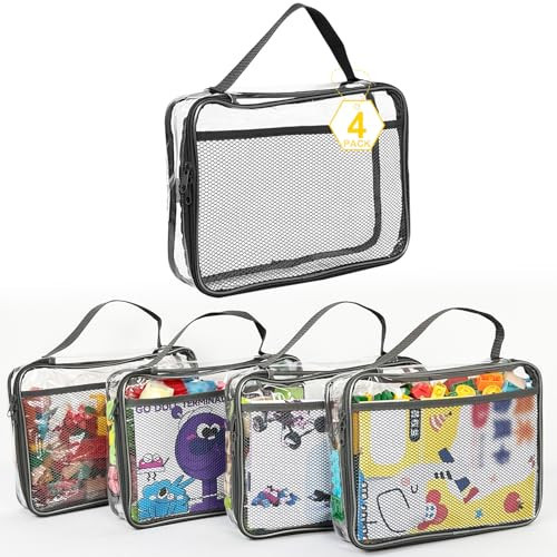 Toy Zippered Blocks Set Storage Bags for boy girls - 4PC Large PVC Storage Organizer Bags with Mesh Side Pockets for Puzzle, Clay, Book, Small Models and Mini Plush Toys. L: 9”x3”x11.8” (Grey) | Amazon (US)