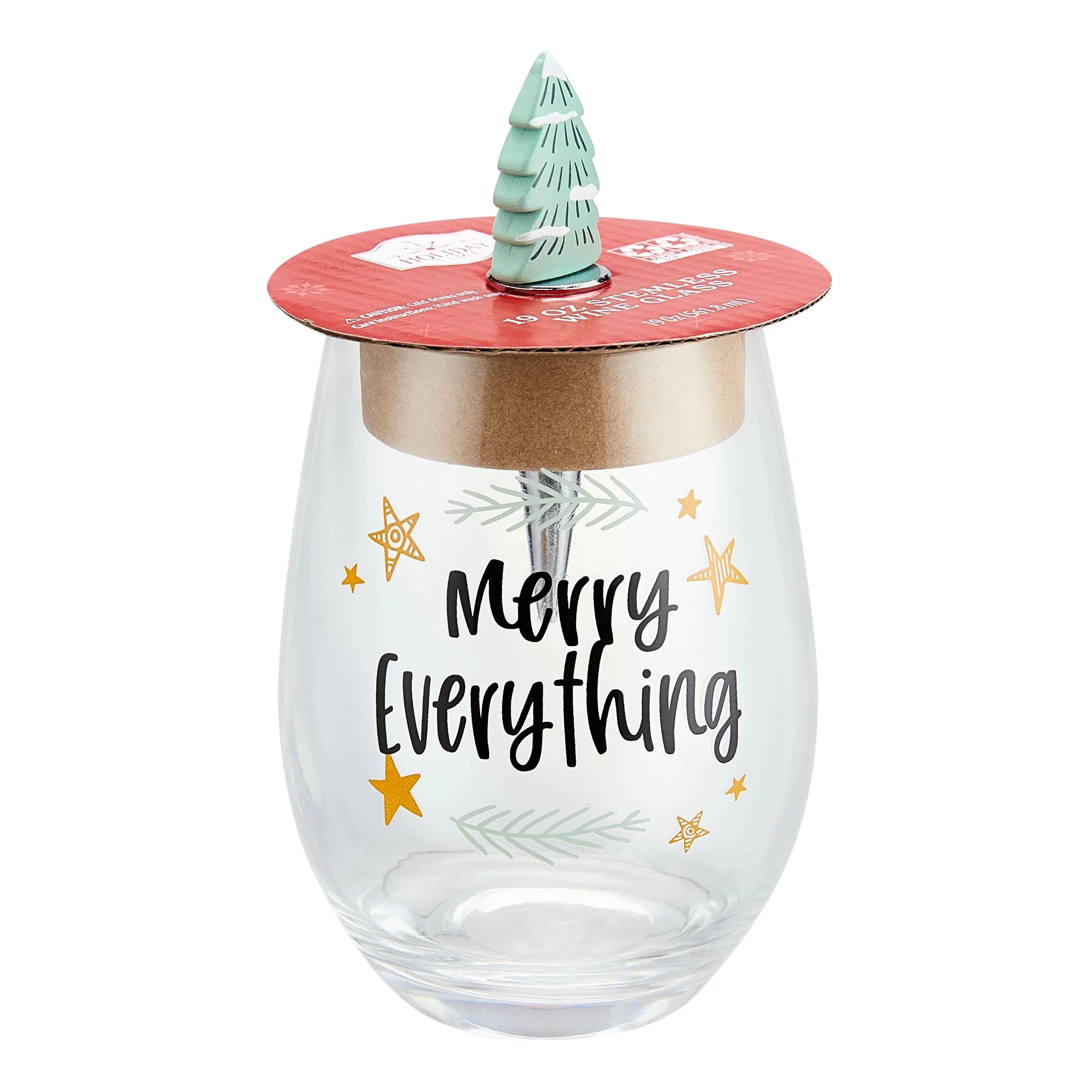 Holiday Time 19-Oz Glass Merry Everything Wine Glass with Decorative Wine Stopper | Walmart (US)