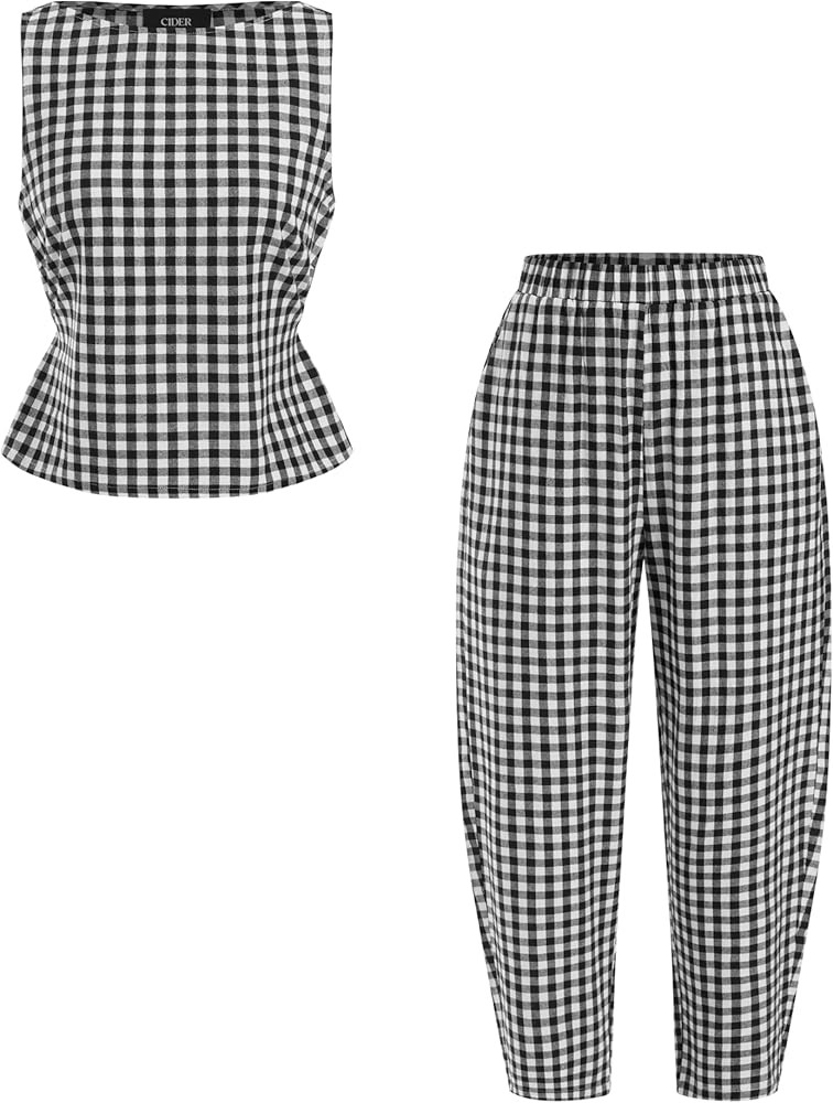 CIDER Two Piece Sets for Women Boat Neck Sleeveless Tops Barrel Wide Leg Pants Matching Outfit Va... | Amazon (US)