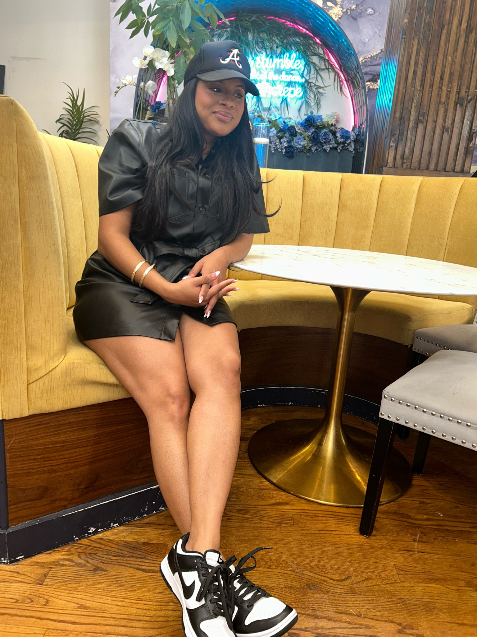 Loved this look! With this faux leather black dress + panda dunks! I’ve been waiting for the Nike Panda dunks to be back in stock and to be able to style this dress! The black faux leather dress is on trend right now! 

#LTKCyberWeek #LTKSeasonal #LTKstyletip