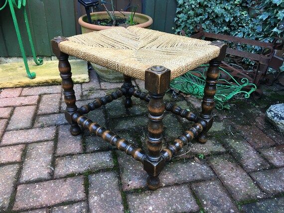 edwardian circa 1910 oak woven seat stool on ring turned legs and cross stretchers footstool,rust... | Etsy (US)