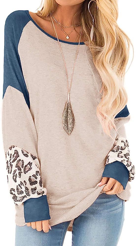 Yanekop Womens Color Block Pullover Leopard Print Sweatshirt Raglan Long Sleeve Loose Tunic Shirt... | Amazon (US)