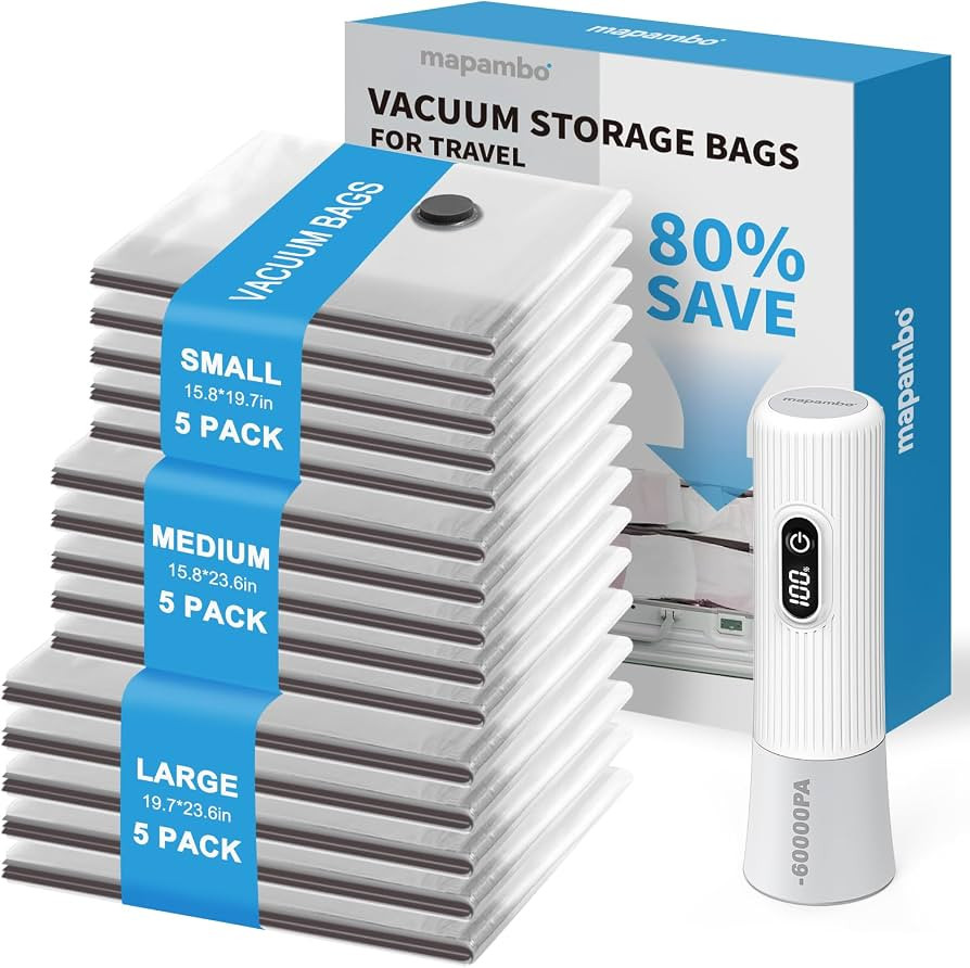 Mapambo Vacuum Storage Bags for Travel with Electric Pump -60000Pa, 15 Pack Vacuum Pack Bags for ... | Amazon (UK)