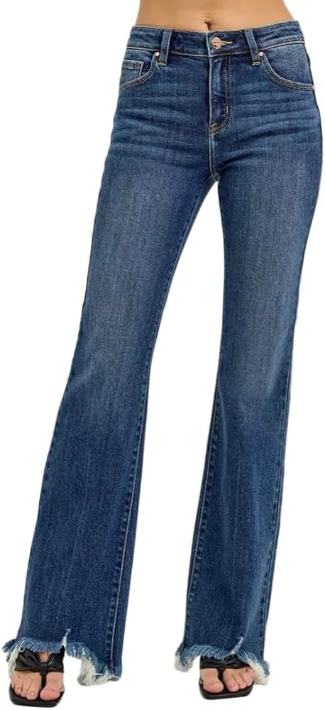 Risen Mid Rise Flare Frayed Hem 33" Inseam Jeans- Ivory Gem | Amazon (US)