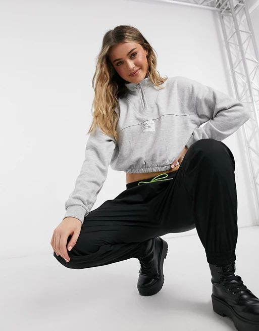 Bershka cropped half zip sweatshirt top in gray | ASOS (Global)