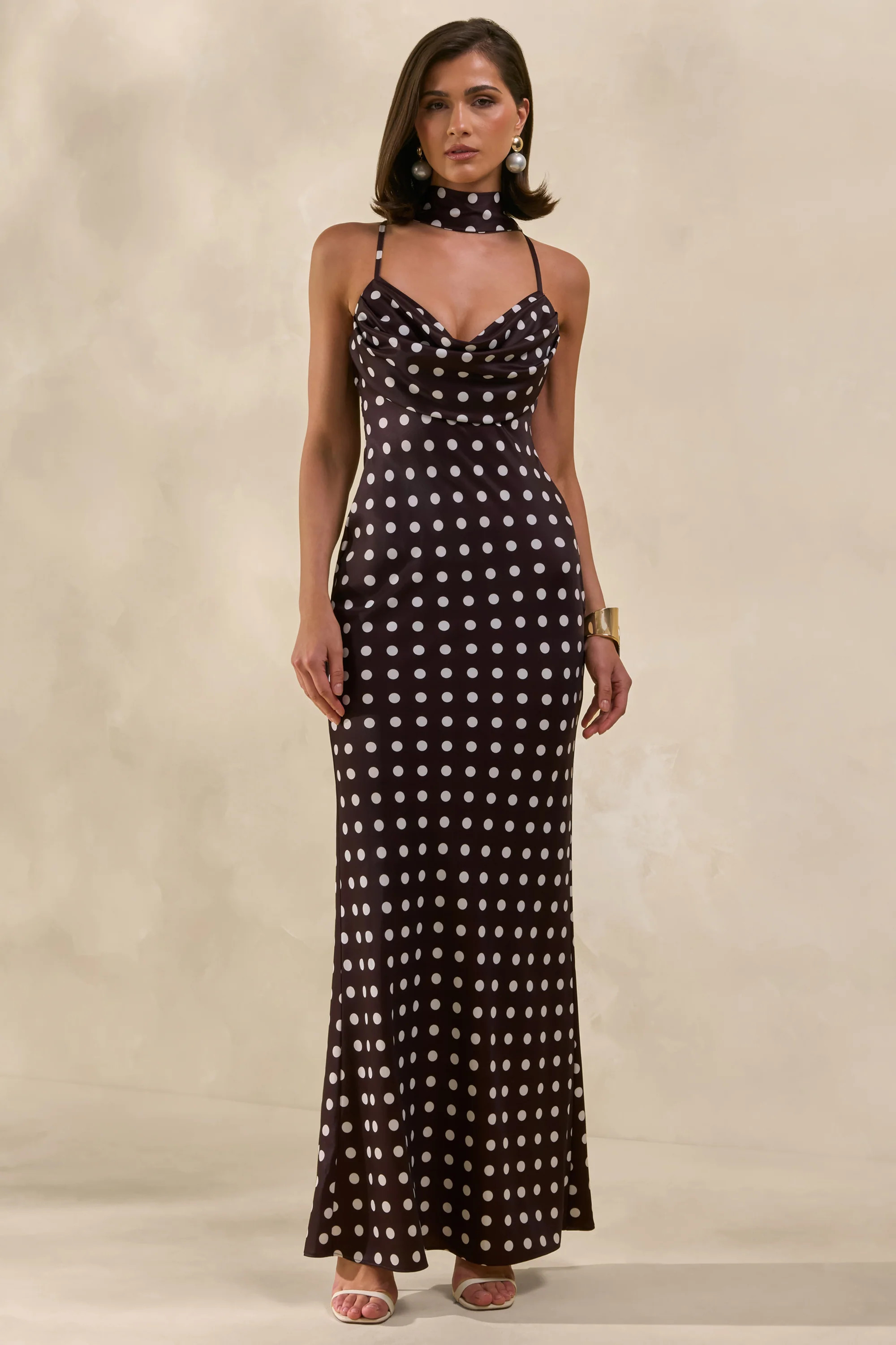 Emaria | Brown Polka-Dot Satin Cowl-Maxi Dress With Scarf | Club L London