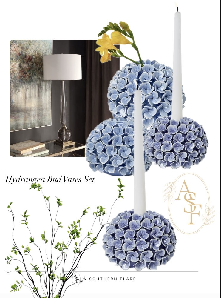 Elevate your home decor with these stunning hydrangea bud vases and table lamp. Perfect for a fresh, stylish look! #HomeDecor #FlowerArrangements
