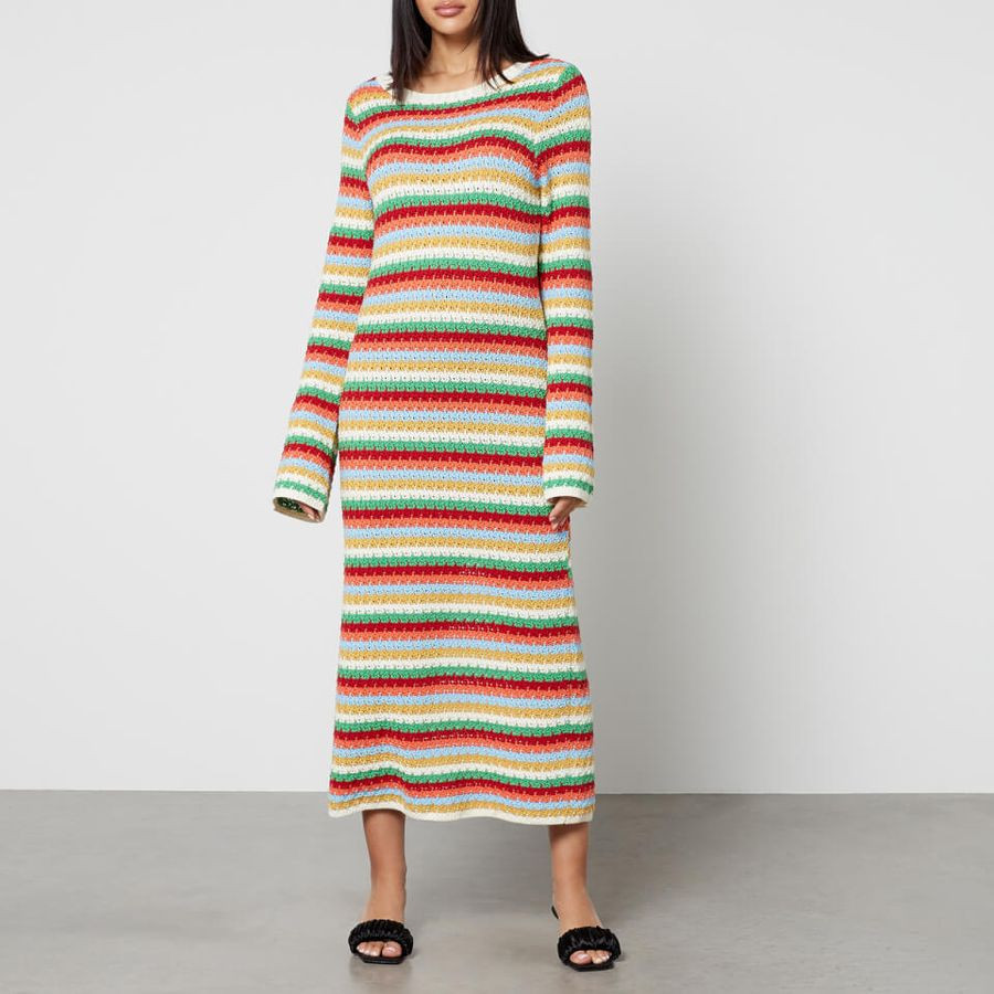 Kitri Nadine Striped Crocheted Midi Dress | Coggles (Global)