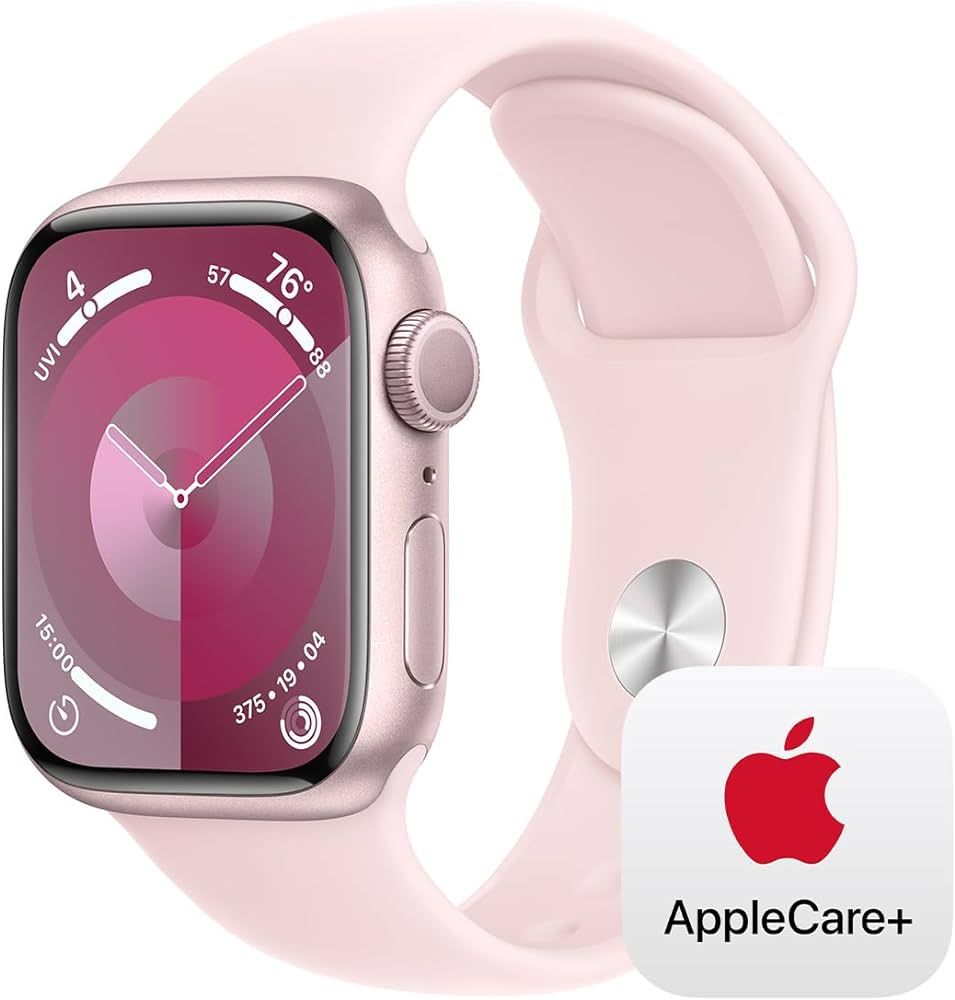 Apple Watch Series 9 GPS 41mm Pink Aluminum Case with Light Pink Sport Band - S/M with AppleCare+... | Amazon (US)