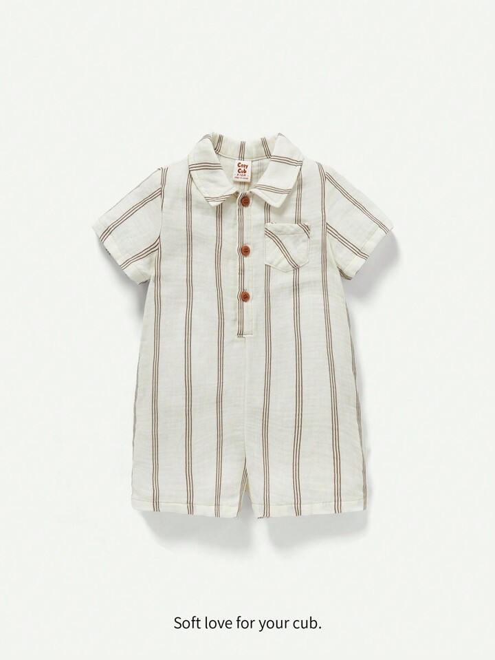 Cozy Cub Striped Polo Collared Short Sleeve Romper For Baby Boys | SHEIN