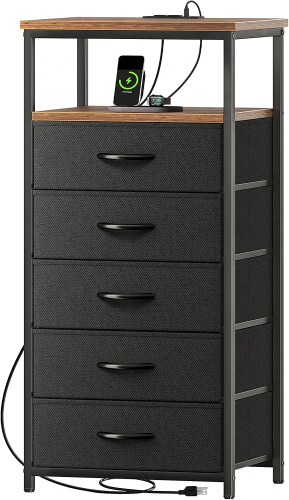 Huuger 5 Drawers Tall Dresser with Charging Station, Dresser for Bedroom, Tall Night Stand, Chest... | Amazon (US)