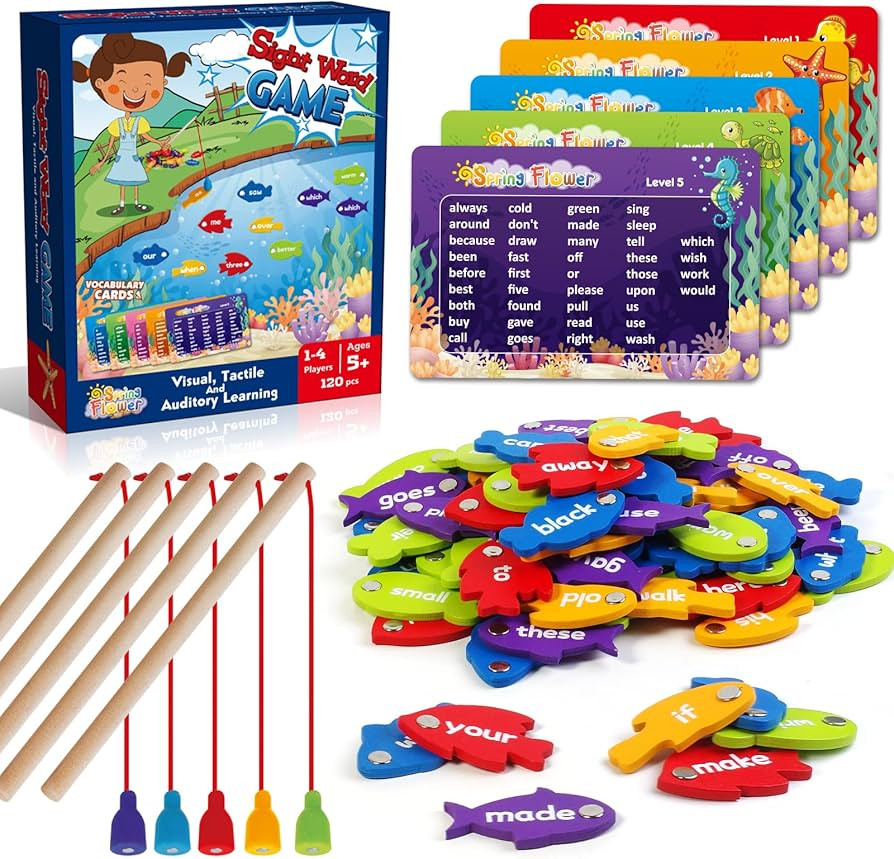SpringFlower Wooden Magnetic Sight Word Fishing Game, Sight Word Educational Toy for Age of 3,4,5... | Amazon (US)