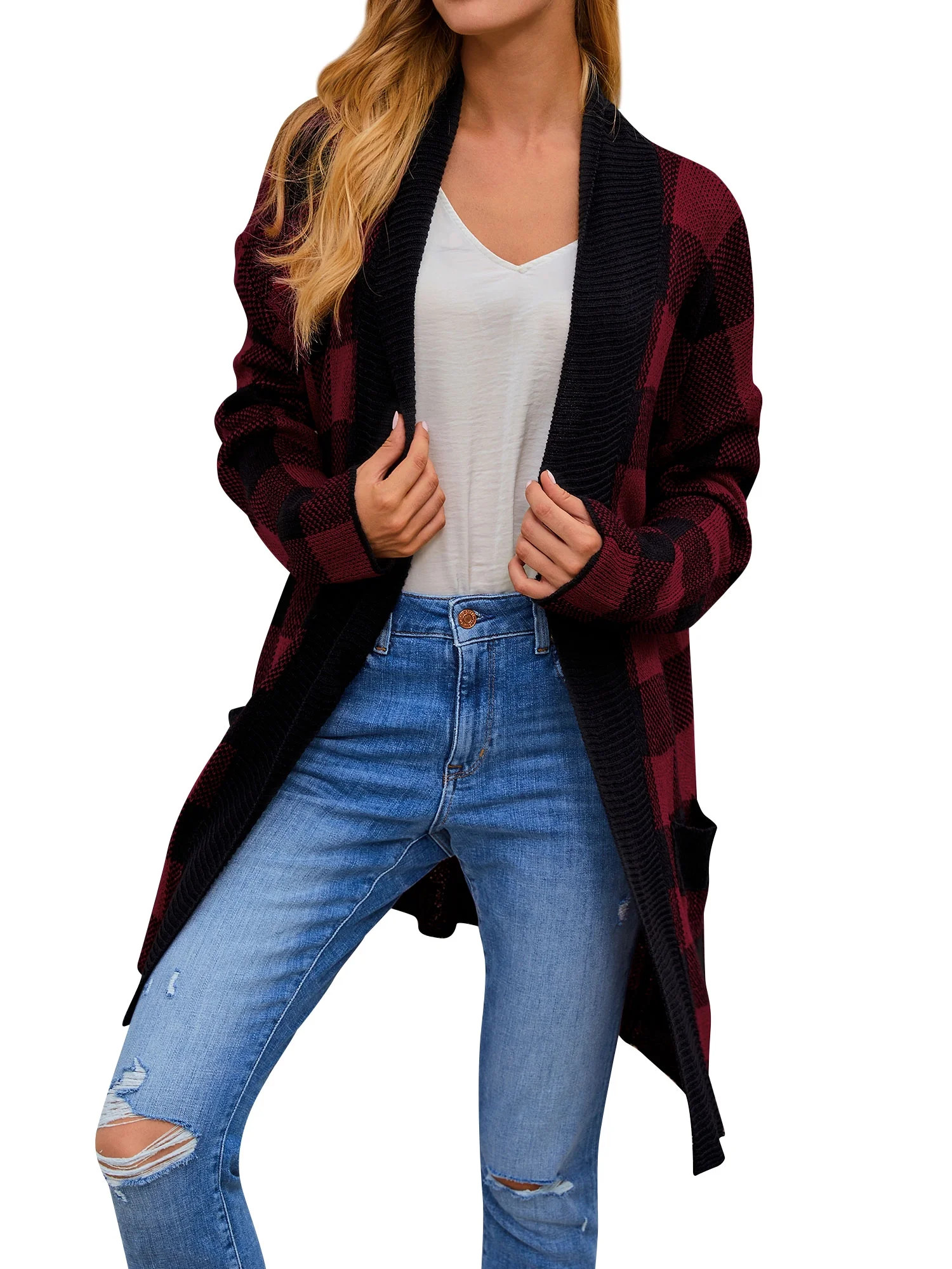 Women Plaid Printed Open Front Pockets Long Sleeve Winter Sweater Cardigan | Walmart (US)
