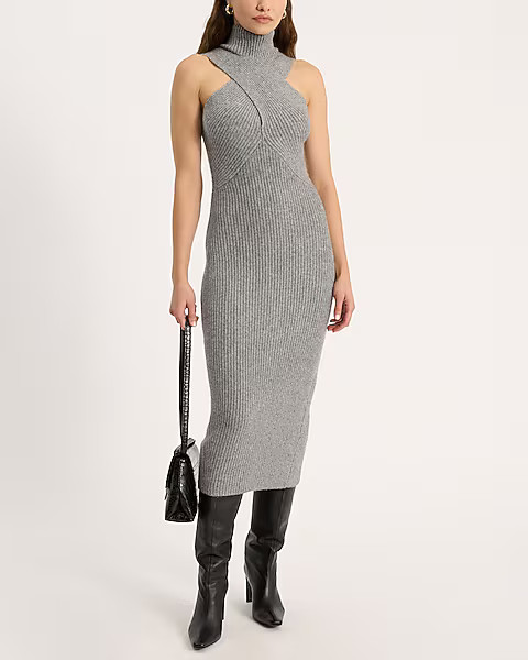 Cross Funnel Neck Sleeveless Midi Sweater Dress | Express