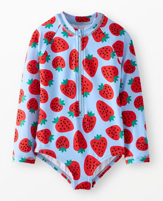 Girls' Strawberries On Blue One-Piece Rash Guard Swimsuit - Size Big Kids 12 by Hanna Andersson | Hanna Andersson