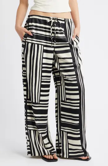 Topshop Tie Waist Wide Leg Satin Trousers in White Multi at Nordstrom Rack, Size Small | Nordstrom Rack