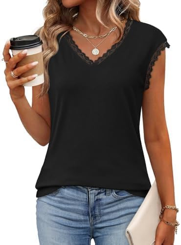 JUSTFASHIONNOW Lace Blouse Soft Cap Sleeve Tops for Women Summer V Neck Tank Tops Dressy Casual S... | Amazon (US)