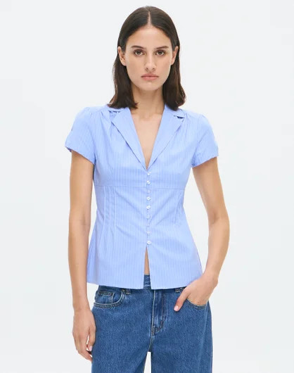 Striped Cap Sleeve Button Up Blouse | Glassons (Australia)