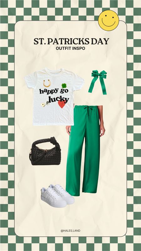 St Patrick’s day outfit inspo, green outfit inspo, hair bow, satin pants, white sneakers 

#LTKstyletip #LTKfindsunder100