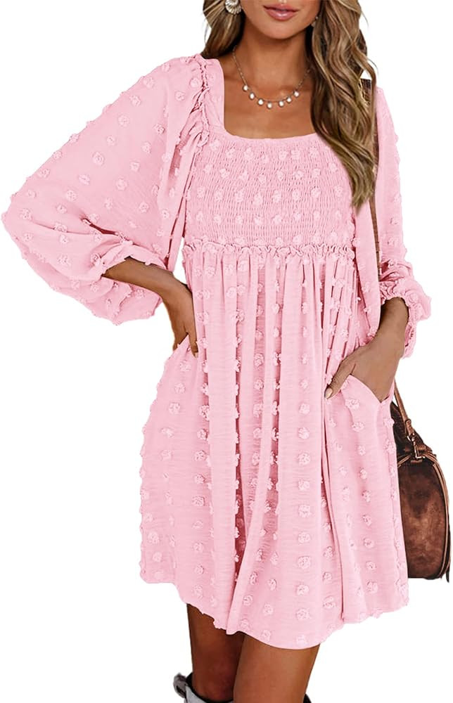 BTFBM Womens Long Sleeve Dress Summer Vacation Square Neck Smocked Floral Mini Boho Fall Wedding ... | Amazon (US)