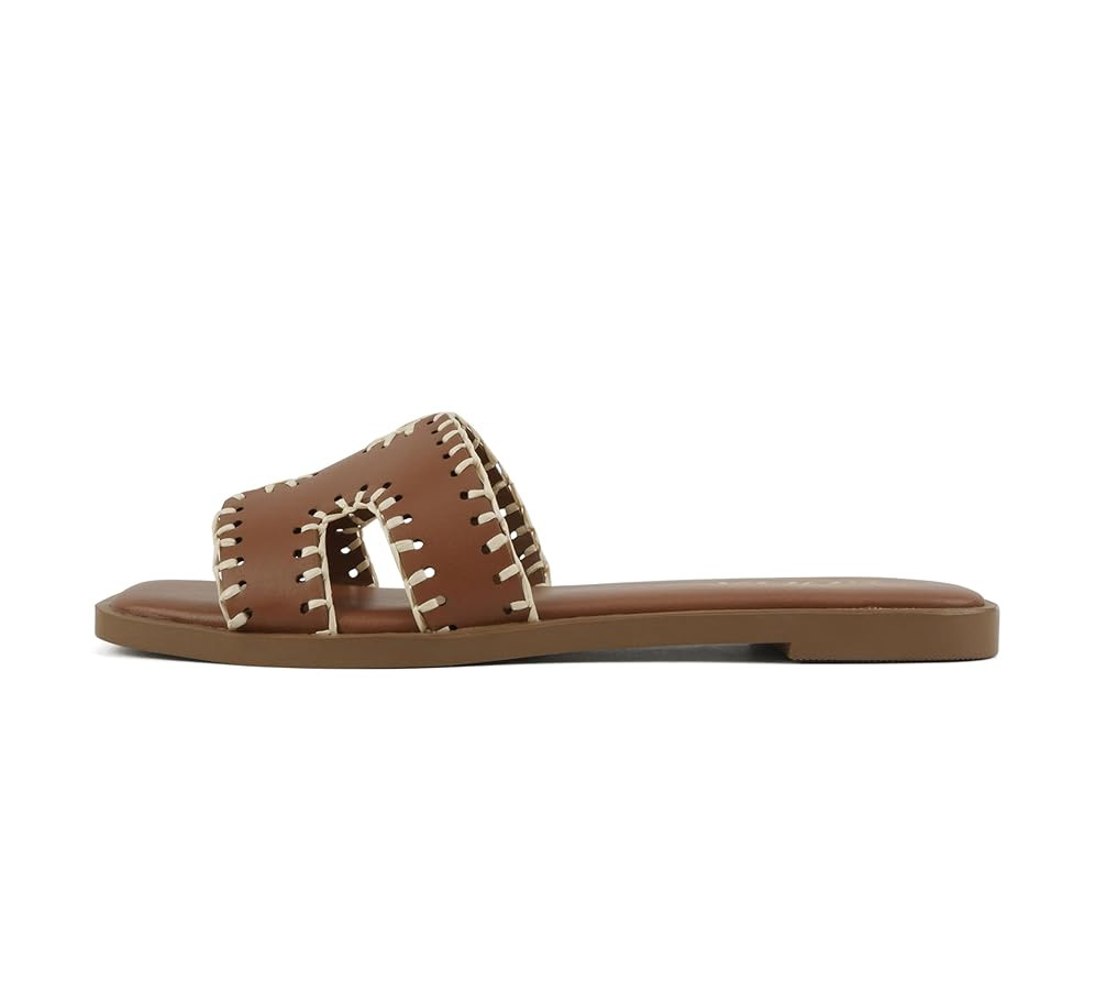 Soda Finity ~ Women Square Toe H-Band Slide Sandals with Raffia Details | Amazon (US)