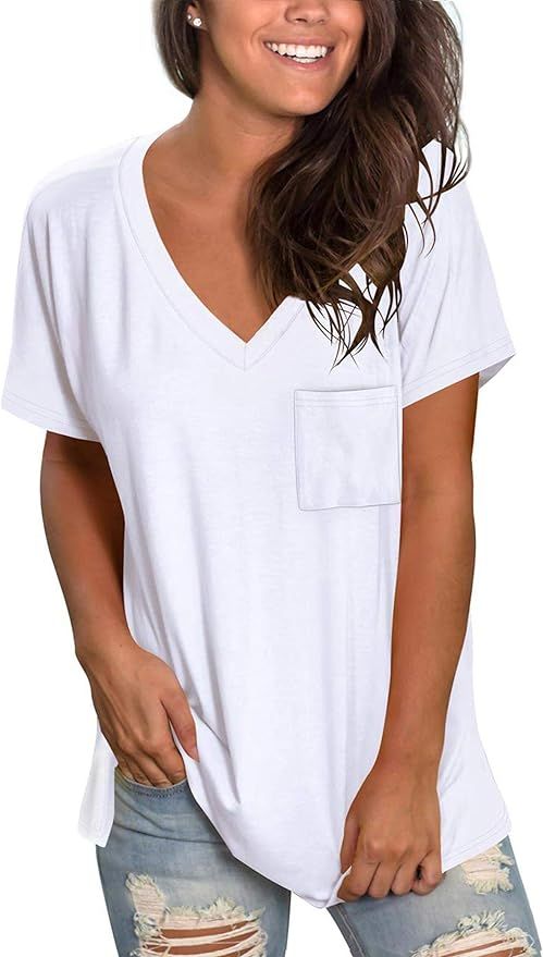 TODOLOR Womens T Shirts Short Sleeve V Neck Loose Summer Tees Basic Tunic Tops with Pocket | Amazon (US)