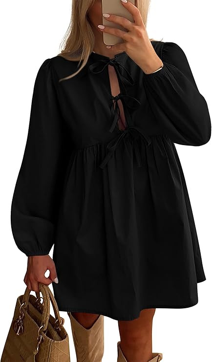 BTFBM Women's Casual Short Dress 2025 Bow Tie Front Puff Long Sleeve Button A Line Cute Y2K Going... | Amazon (US)