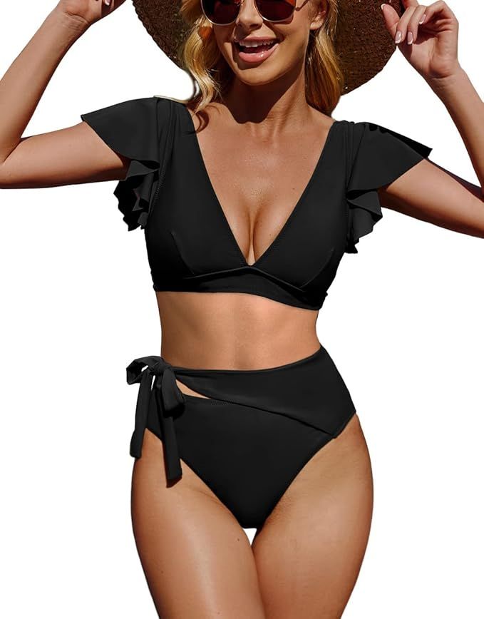 Dofaoo Women Ruffle Bikini Set Push Up High Waisted Tie 2 Piece Swimsuits | Amazon (US)