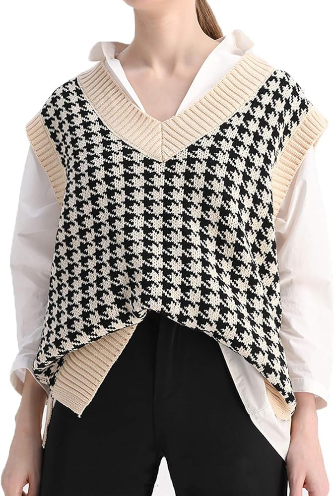 Sweater Vest Women Oversized Houndstooth V Neck Pullover Casual Vintage Sleeveless Knitted Tops. | Amazon (US)