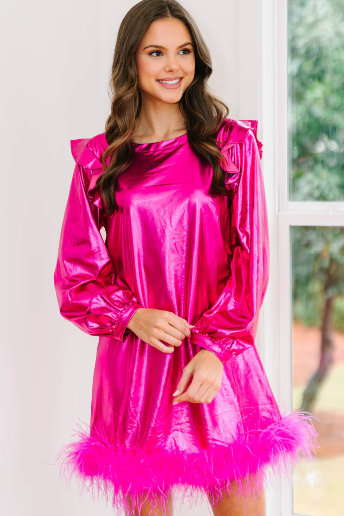 Rising Star Hot Pink Metallic Feather Trim Dress | The Mint Julep Boutique