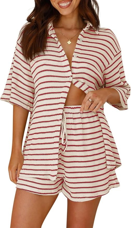 Tankaneo Womens Striped 2 Piece Sets Short Sleeve Lounge Set | Button Down, Waffle Knit, Pajama L... | Amazon (US)