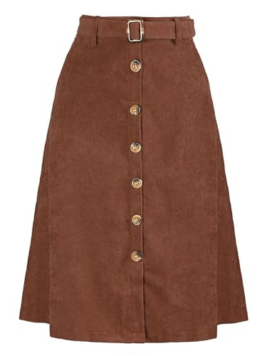 Allegra K Women's High Waist Button Front A-Line Belted Corduroy Midi Skirt | Amazon (US)