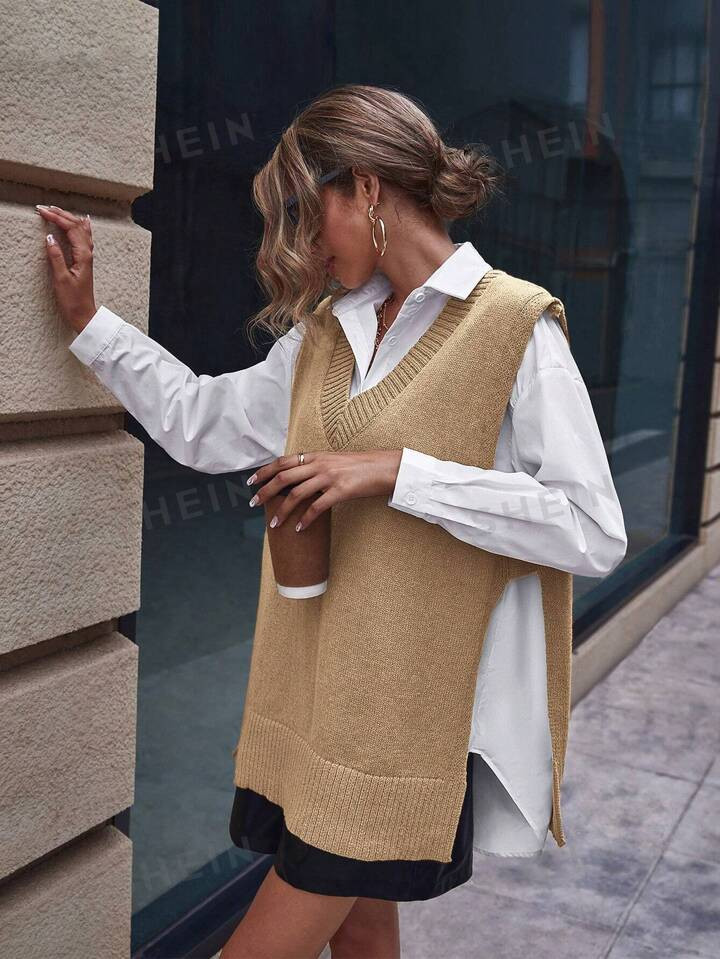 SHEIN Essnce Women's Side Split V-Neck Sweater Vest | SHEIN