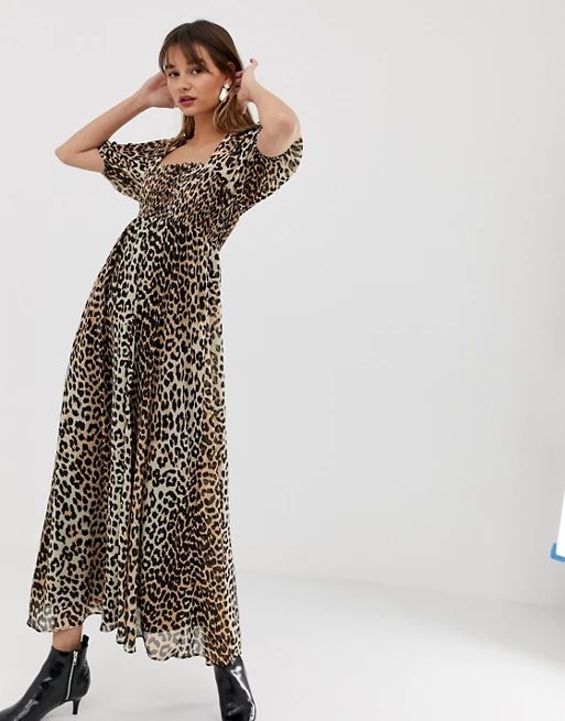 ASOS DESIGN shirred bustier maxi dress with puff sleeve in leopard print | ASOS US