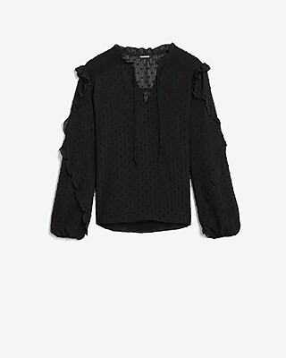 Metallic Clip Dot Ruffle Balloon Sleeve Top | Express