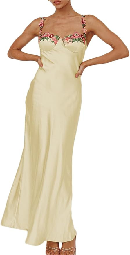 Sexy Satin Spaghetti Strap Floral Embroidered Maxi Dress for Women Sweetheart Neckline Backless S... | Amazon (US)