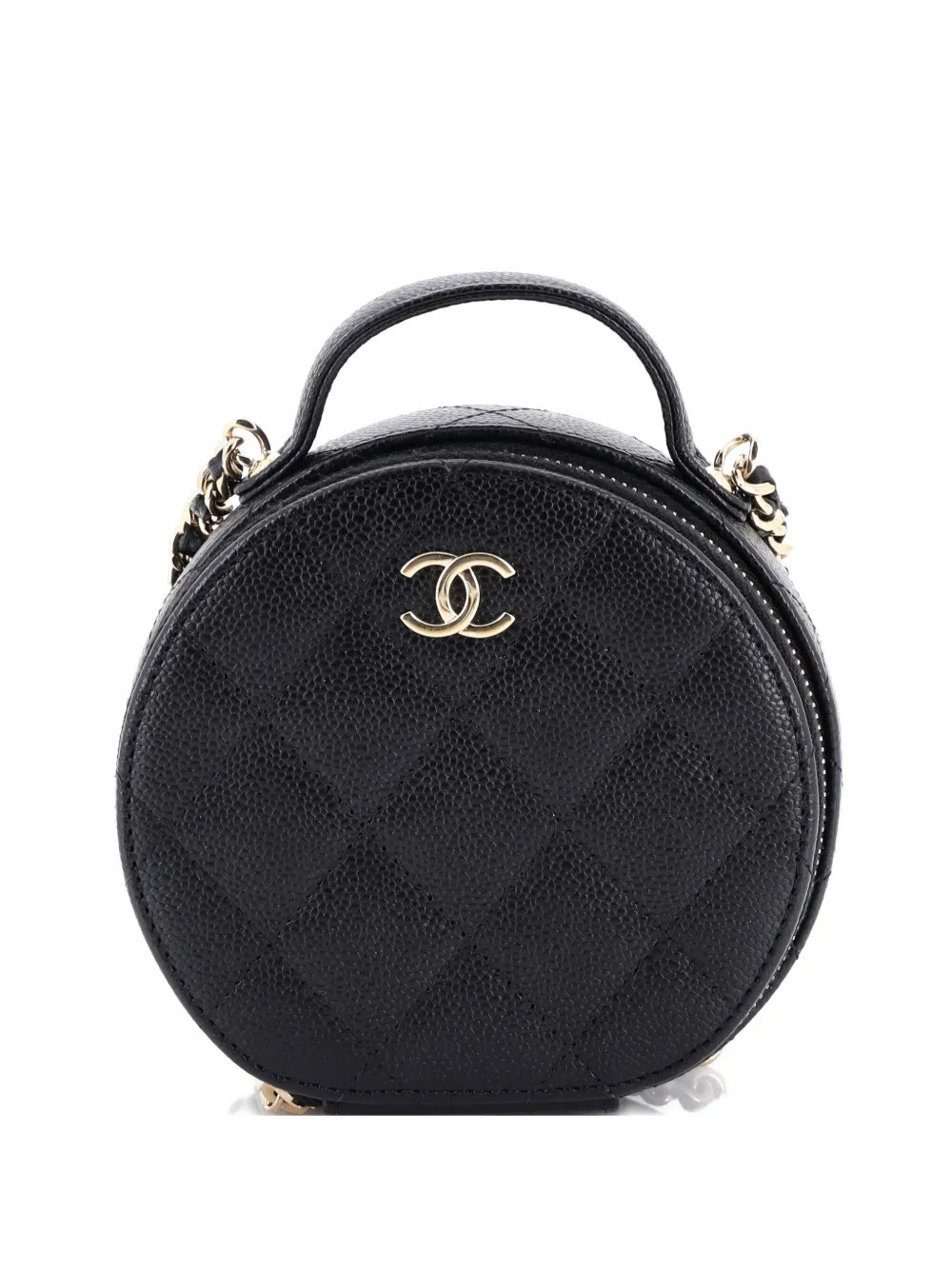 CHANEL Pre-Owned Handle with Care Round Vanity Case with Chain Quilted Caviar Small crossbody bag - Black | Farfetch Global